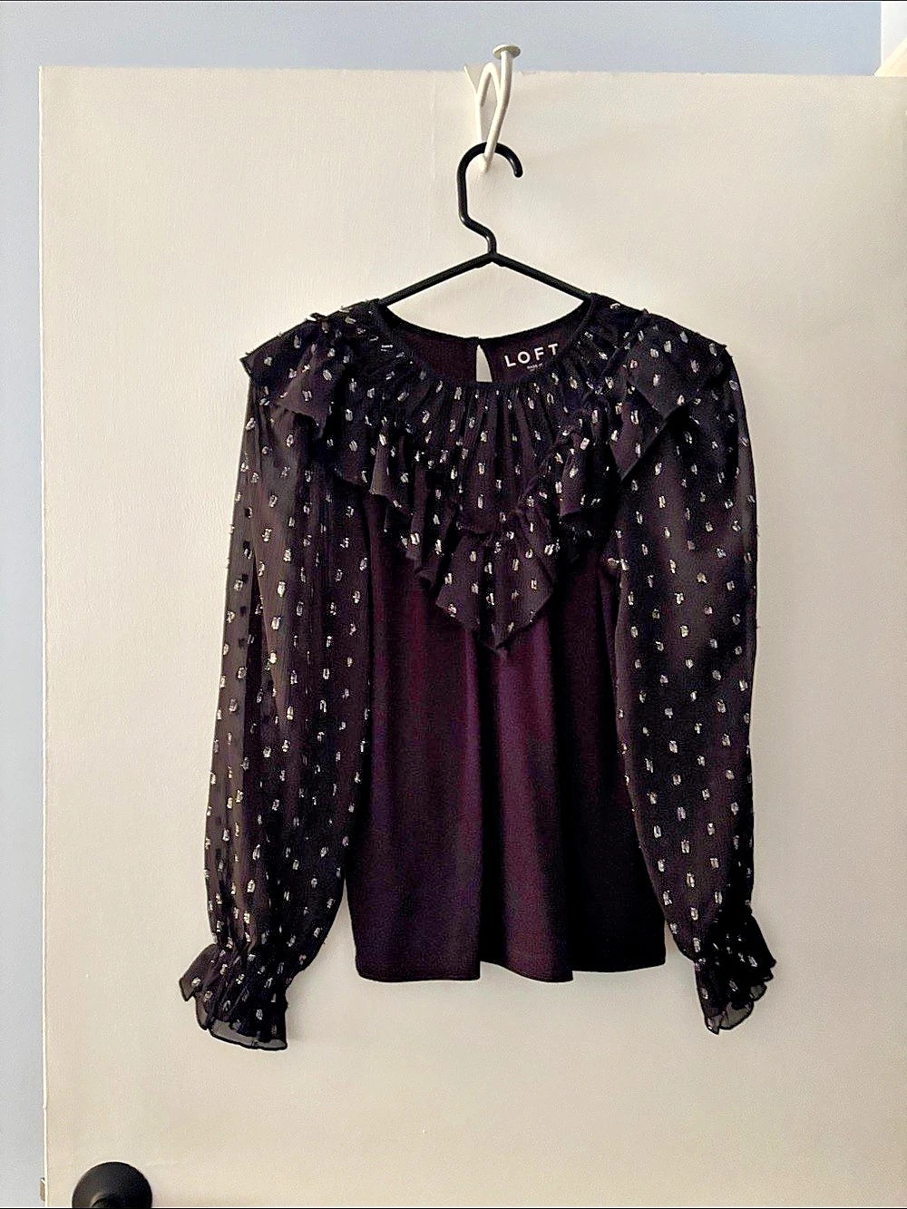 LOFT Black Metallic Clip Dot Ruffle Bib Long Sleeve Top
